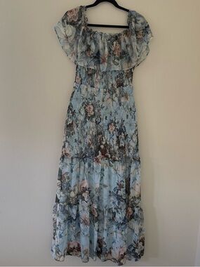 Baltic Born Blue Floral Smocked Midi Dress Off Shoulder Cottagecore Boho Size L
